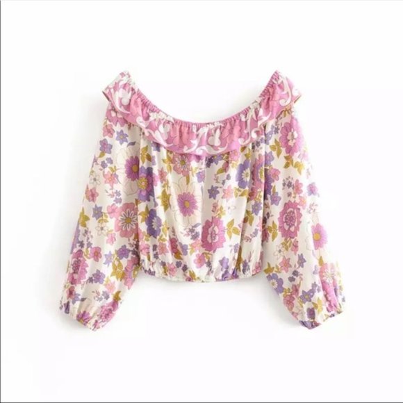 Boho Floral Gypsy Print Ruffle CropTop Long Sleeve - Picture 3 of 9